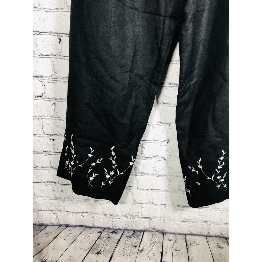 Herman Geist Women's Linen Blend Black Embroidered Leg Side Zip Crop Pants 12